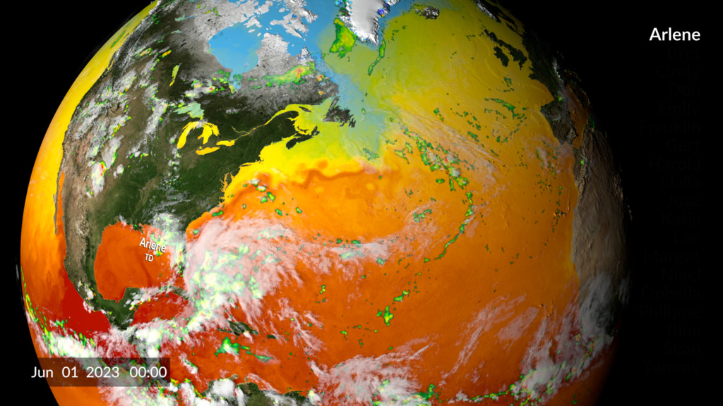 The 2023 Atlantic Hurricane Season from June 1st through October 31st. The colors over the ocean are Sea Surface Temperatures where reds are high temperatures and blues are low. The colors underneath the clouds are precipitation measurements, where red is high and greens are low. Each hurricane name tracks with it's corresponding storm and leaves behind category designations (TD=Tropical Depression; TS=Tropical Storm; and 1 through 5 are hurricane strengths) as each storm increases and decreases in strength.