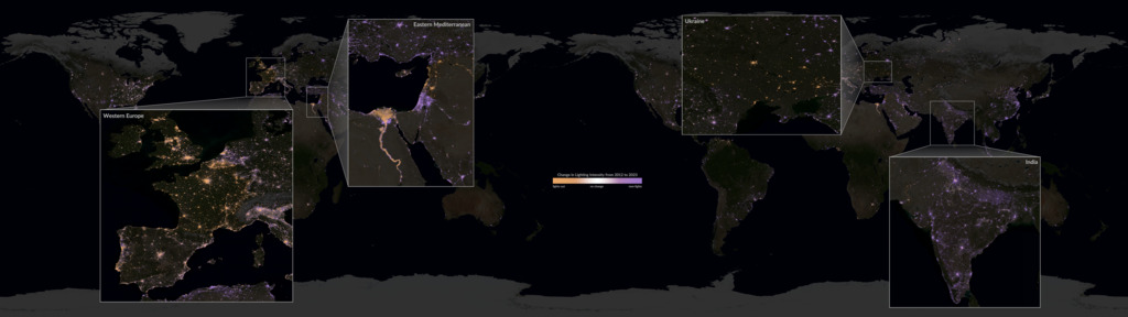 This global, flat map view of night lights data begins with a time series depicting annual averages from 2012 to 2023. The lights then fade away to reveal night lights change between 2012 and 2023, with regions of more light depicted in purple and regions with less light depicted in orange. The sequence then repeats with pop-out, zoomed-in views of India, Ukraine, Western Europe, and the Eastern Mediterranean region.