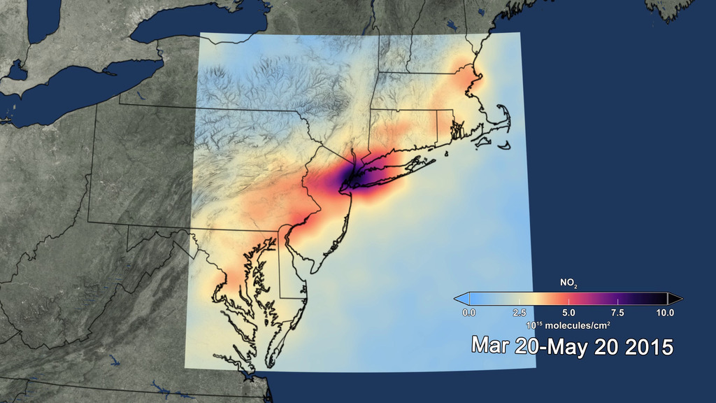 Tropspheric NO2 column over Eastern United States, 2015-2023