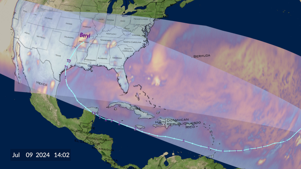 Animation starts with the orbiting constellation of satellites known as TROPICS. As soon as Hurricane Beryl appears, the camera zooms in closer to watch the storm develop as the TROPICS satellites capture the evolving storm with each swath pass.