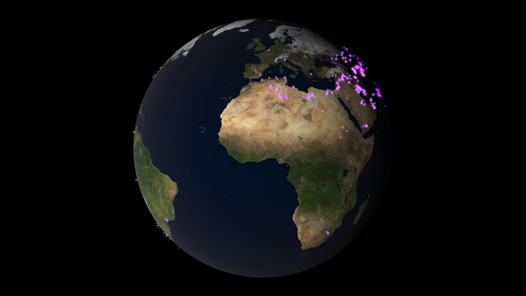 Spinning globe showing global methane emissions in magenta. 