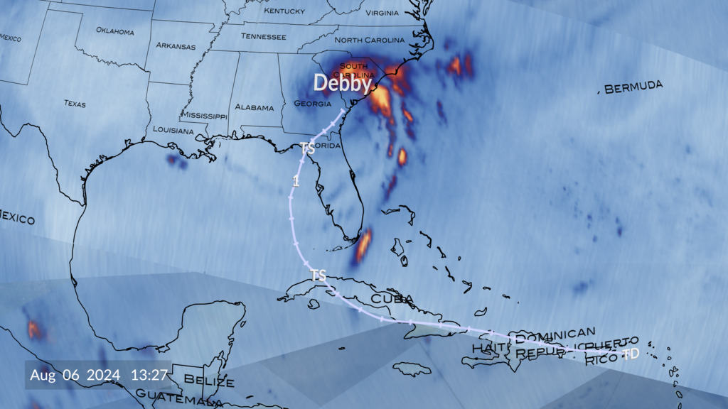 This data visualization starts by showing the constellation of cubesats that make up the TROPICS mission collecting data across the globe. The camera then pushes in tighter to show Tropical Depression Debby over Haiti. We then follow Debby's path over Cuba as it begins to organize into a Tropical Storm. It then strengthens to a category 1 hurricane in the Gulf of Mexico right before hitting Florida, where it quickly weakens back into a Tropical Storm. It then slowly moves over Georgia and South Carolina flooding both those states.