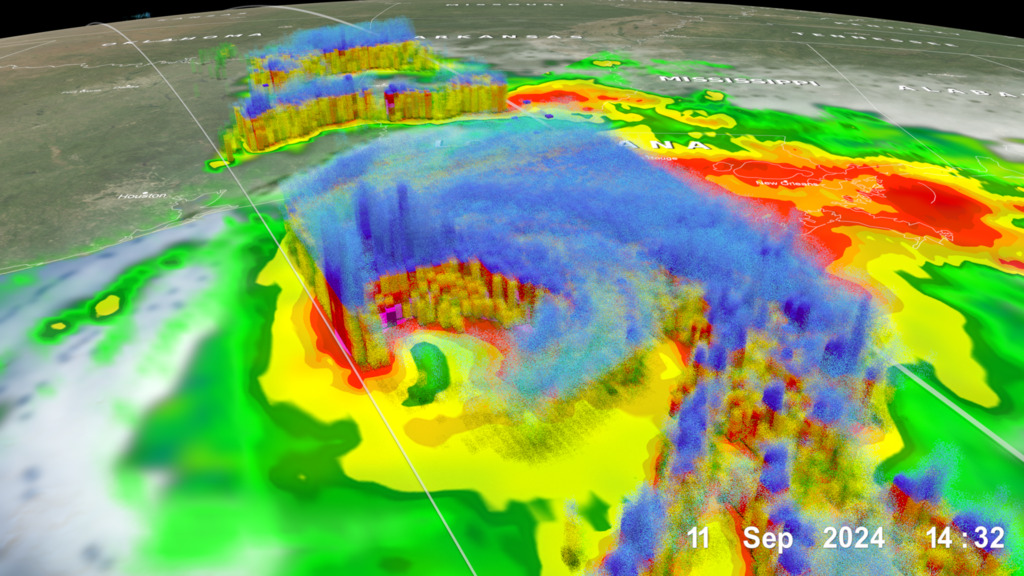 Hurricane Francine on September 11, 2024 at 14:32 UTC (September 11, 2024 9:41 CDT) on its approach to Louisiana. At this stage is was a strong category 1 hurricane soon to intensify to a category 2 storm.