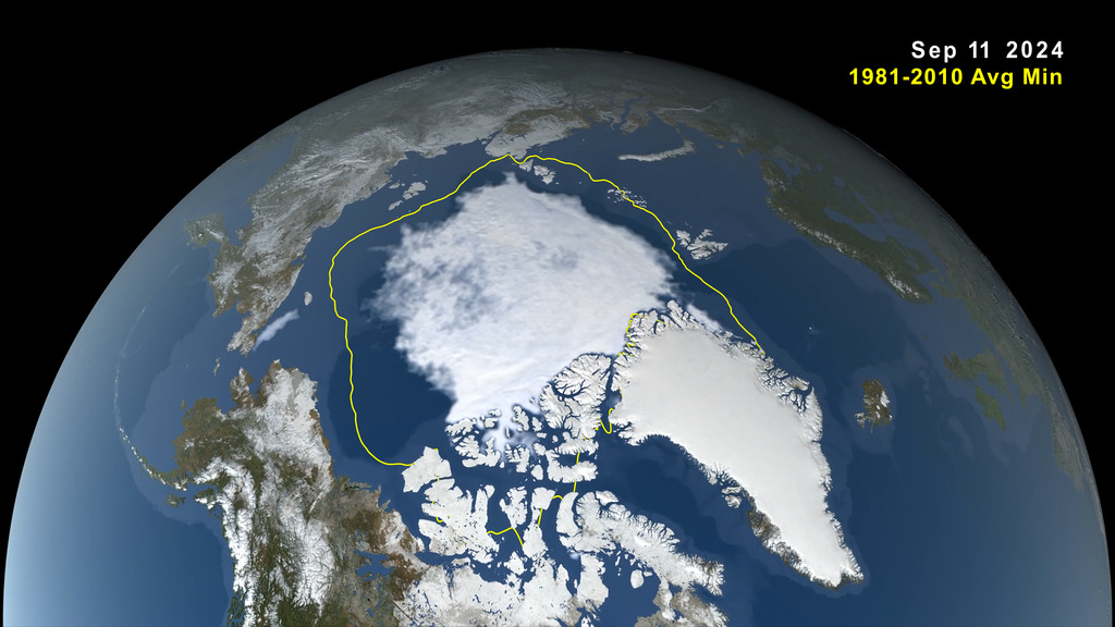 Animation of Arctic sea ice maximum extent, March 14 2024, to its minimum, September 11, 2024