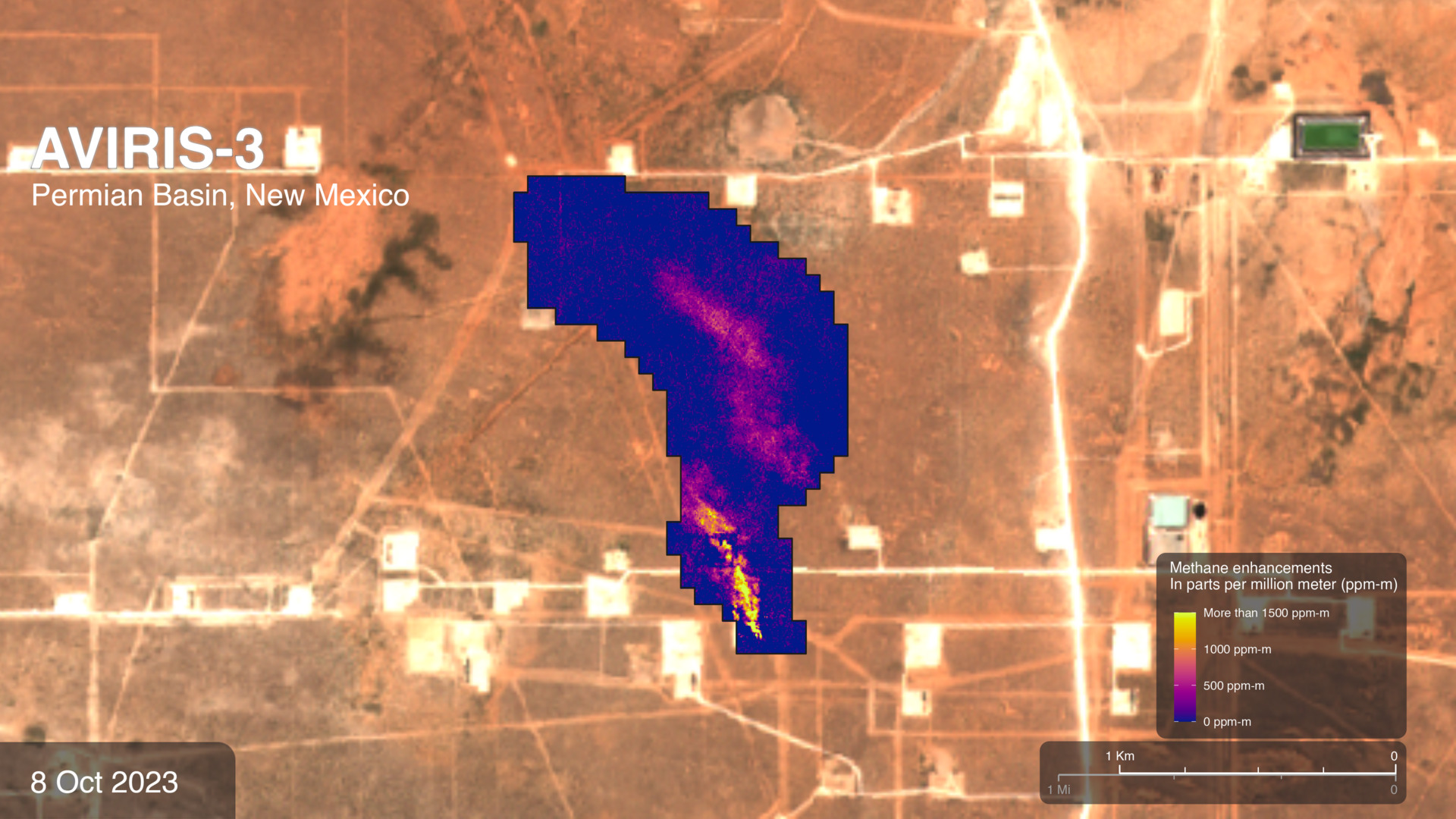 Methane plume detected by airborne AVIRIS-3 spectrometer.