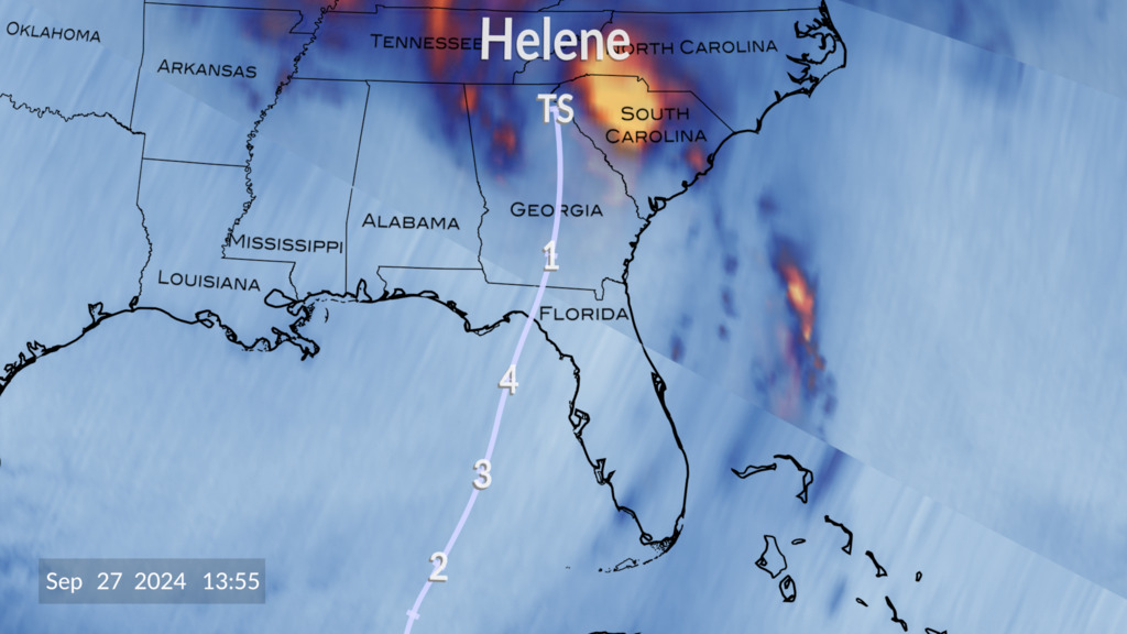 This data visualization shows TROPICS tracking Hurricane Helene throughout most of its life cycle. On September 27th Helene rapidly intensified to a category 4 hurricane before making landfall on the Florida bend. Although weakened after landfall it was still a category 1 hurricane as it hit Georgia and a Tropical Strom over western North Carolina.