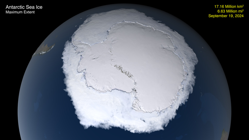 Animation Antarctic sea ice minimum extent, February 21 2023, to its maximum, September 19 2024