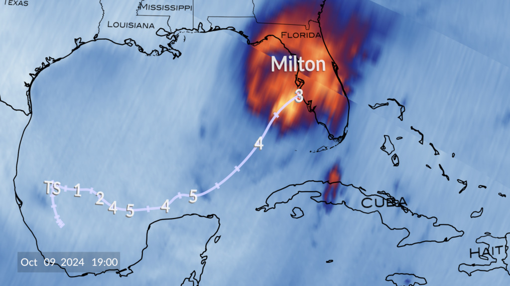 Hurricane Milton transversing through the Gulf of Mexico, starting October 5, 2024 through October 9, 2024 when it made landfall along the western Florida coast.