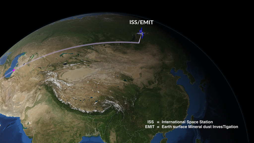 Animation that shows the data collection path of the EMIT instrument onboard the ISS. EMIT has a 75 kilometer swath width - which is relatively narrow, but you can see in this data visualization how it can get full global coverage over time. The violet dots are methane emission sources.