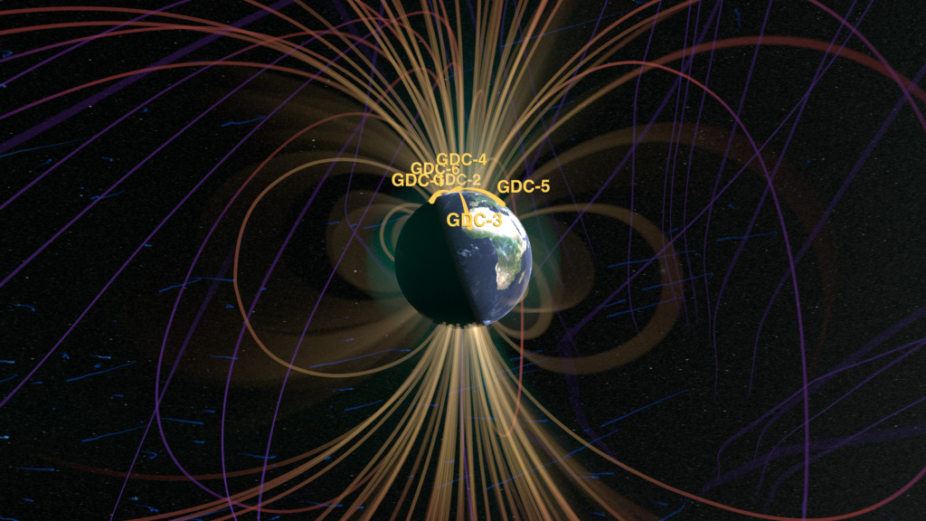 This visualization shows the Earth's magnetosphere being hit by a geomagnetic storm. The MAGE model simulates real events that happened throughout May 10-11, 2024.White orbit trails: All satellites orbiting Earth during the stormOrange orbits: Proposed orbits for six GDC spacecraftOrange-to-purple lines: Magnetic field lines around EarthBlue trails: Solar wind velocity tracersGreen clouds: Electric field current intensity