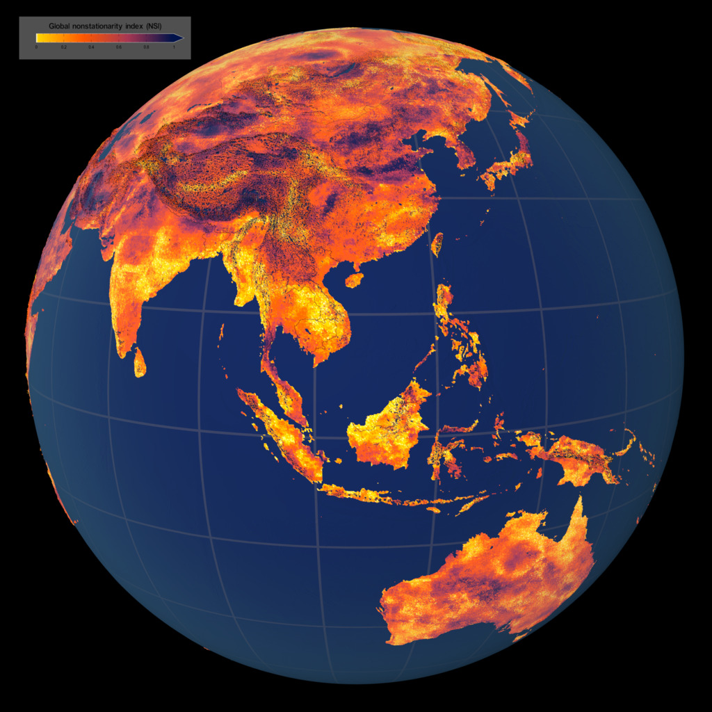 Nonstationarity Index (NSI) for global terrestrial water storage. NSI ranges from 0 to 1 with larger values of NSI indicating stronger trends, larger seasonal shifts, and greater changes in the frequency of extremes.