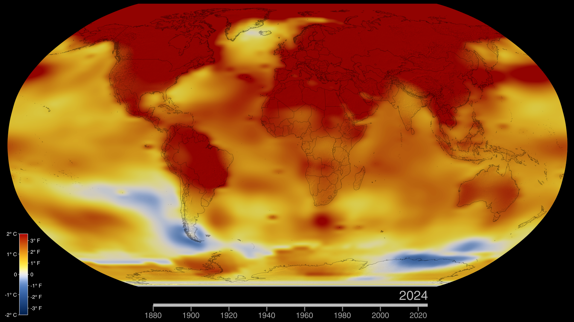 This color-coded map in Robinson projection displays a progression of changing global surface temperature anomalies. Normal temperatures are shown in white. Higher than normal temperatures are shown in red and lower than normal temperatures are shown in blue. Normal temperatures are calculated over the 30 year baseline period 1951-1980. The maps are averages over a running 24 month window. The final frame represents global temperature anomalies in 2024.