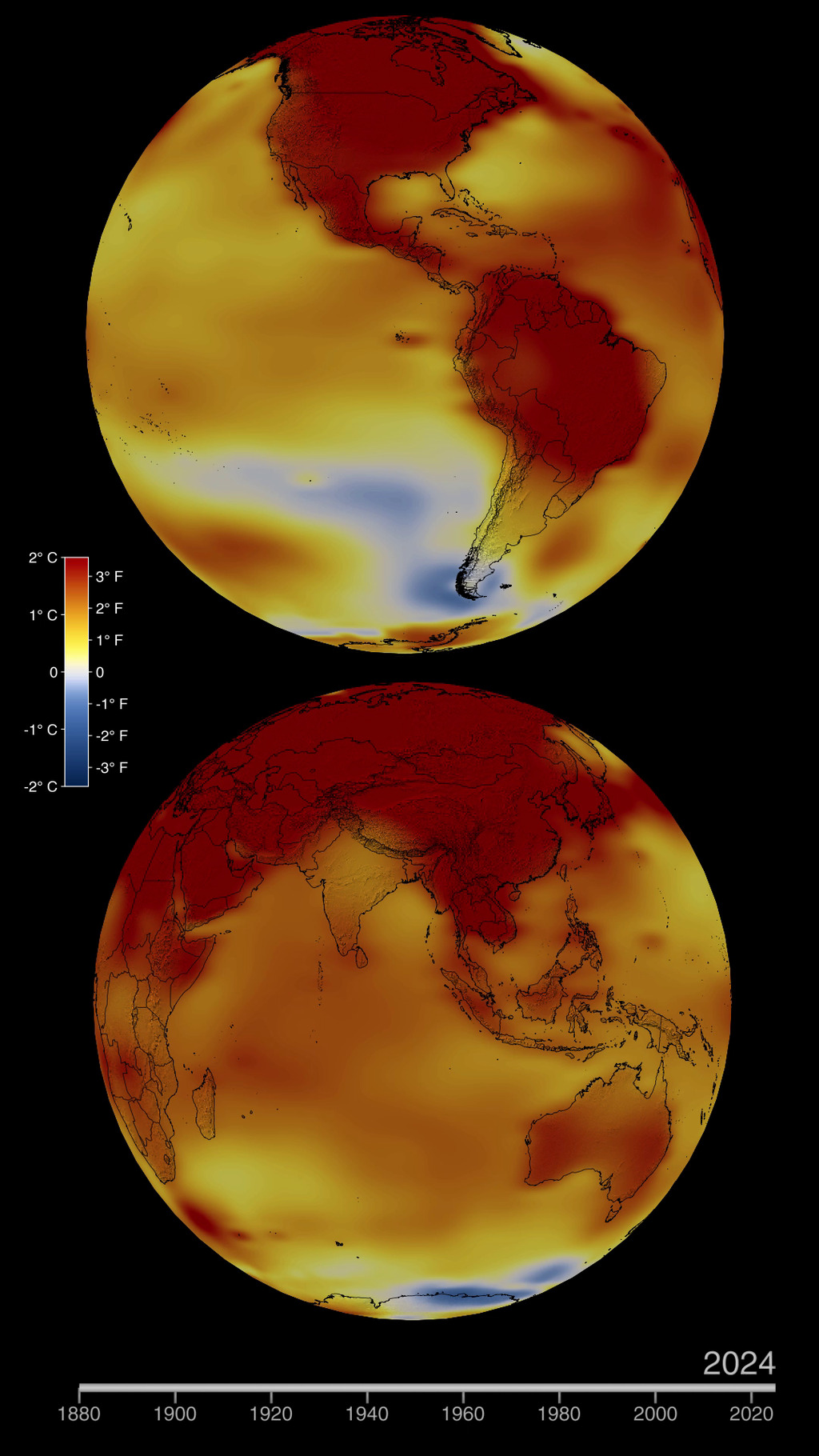 This color-coded map in Orthographic projection displays a progression of changing global surface temperature anomalies. Normal temperatures are shown in white. Higher than normal temperatures are shown in red and lower than normal temperatures are shown in blue. Normal temperatures are calculated over the 30 year baseline period 1951-1980. The maps are averages over a running 24 month window. The final frame represents global temperature anomalies in 2024.