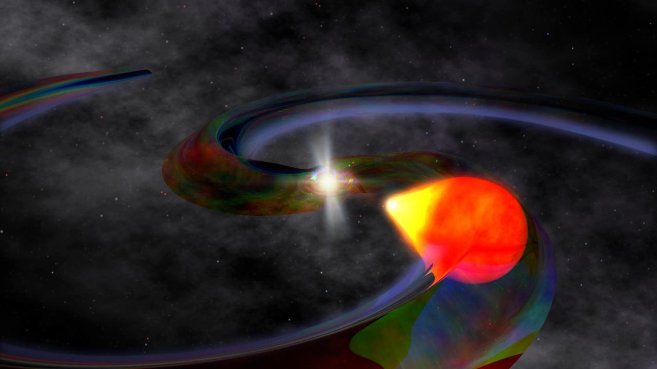 This animation shows a wide shot of a millisecond pulsar.