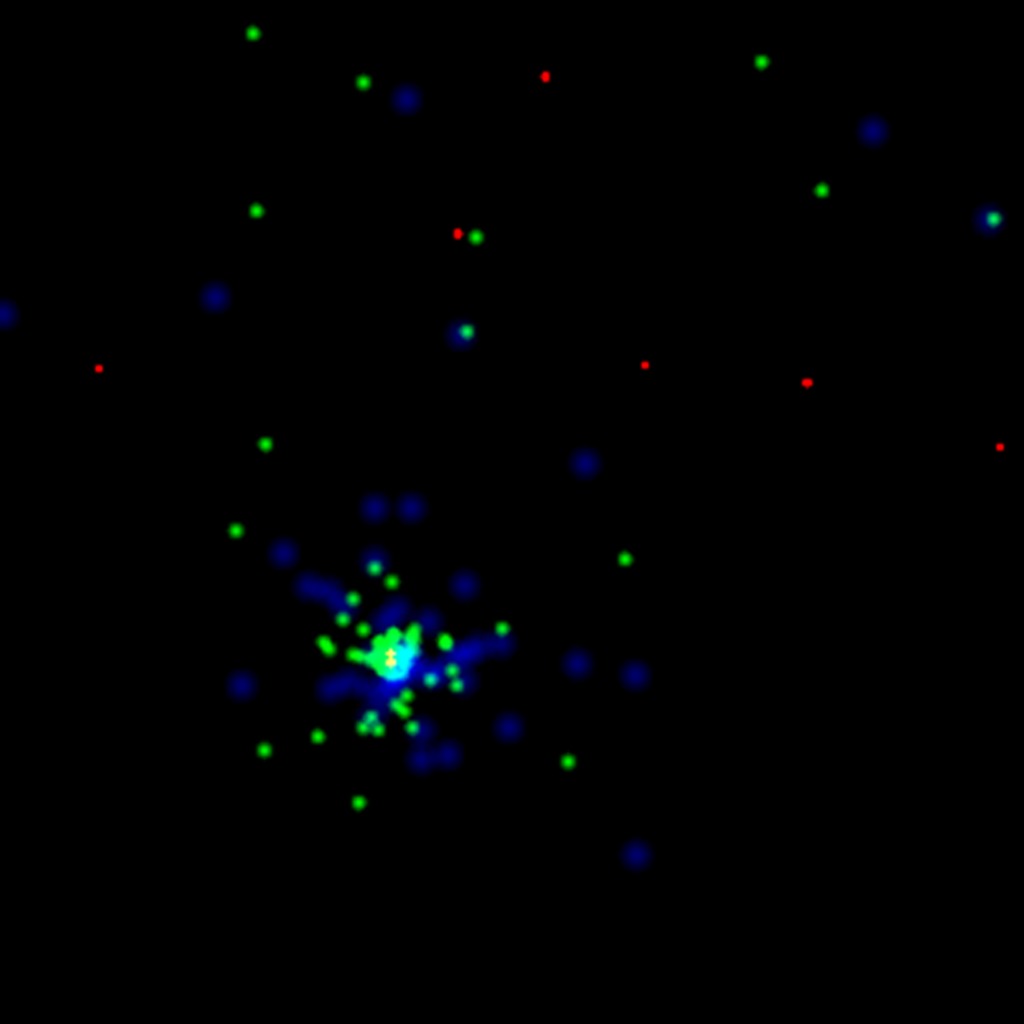 This movie shows Fermi Large Area Telescope observations of GRB 080916C. About 8 minutes of data are compressed into 6 seconds. Colored dots represent gamma rays of different energies. The blue dots represent lower-energy gamma rays; green, moderate energies; and red, the highest energies.
Credit: NASA/DOE/Fermi LAT Collaboration
