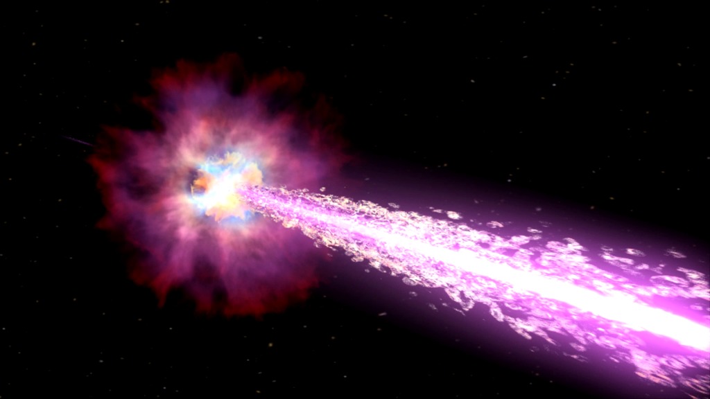 As the star explodes, the narrow beam (white) of gamma rays is emitted first, followed by the wider beam (purple).