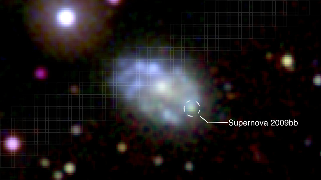 This video labels the galaxy and supernova, and moves through visible, ultraviolet and X-ray images.