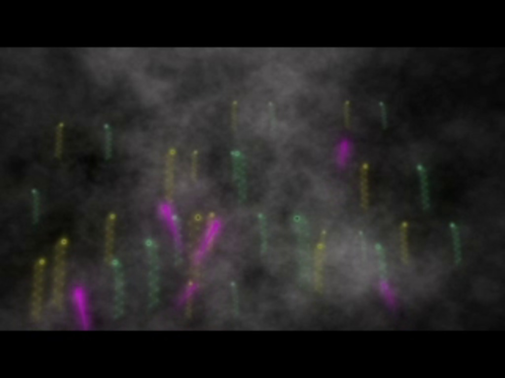 Artist's conception of energetic radiation generated in the intense electric fields over thunderstorms.  Gamma rays (pink) are emitted as electrons (blue) and positrons (yellow) gain 100 million times their original energy in the space of 1 millisecond.