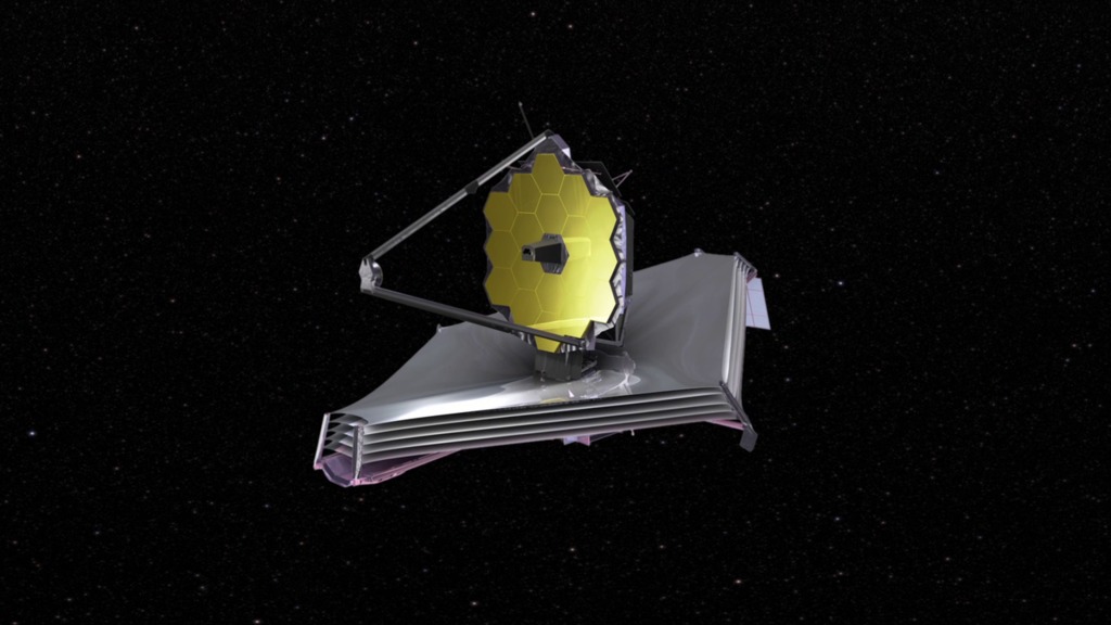 Animation of the Webb Telescope deploying as it travels toward its orbit location.  