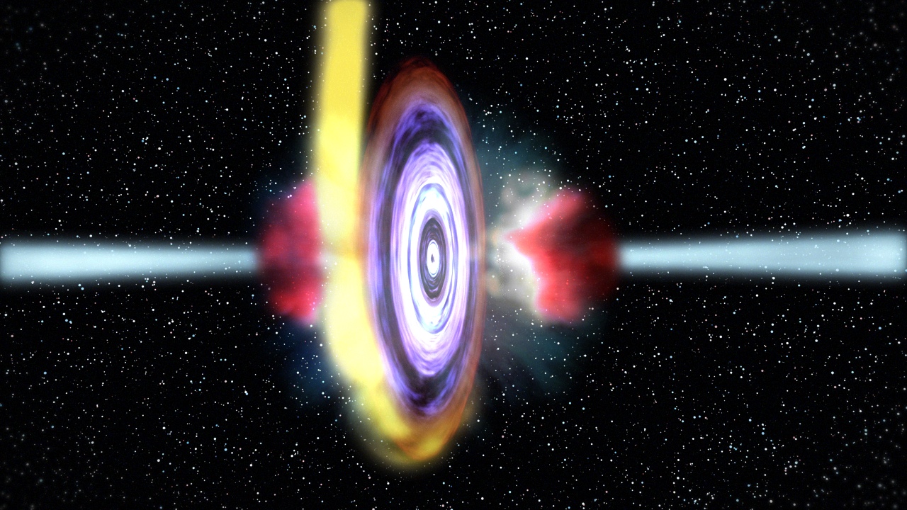 Animation of black hole system H1743-322. In this animation, an X-ray hot spot in the gas around the black hole produced signals of rising frequency as the spot moved closer to the black hole. When the bullets were ejected June 3, the hot spot vanished.