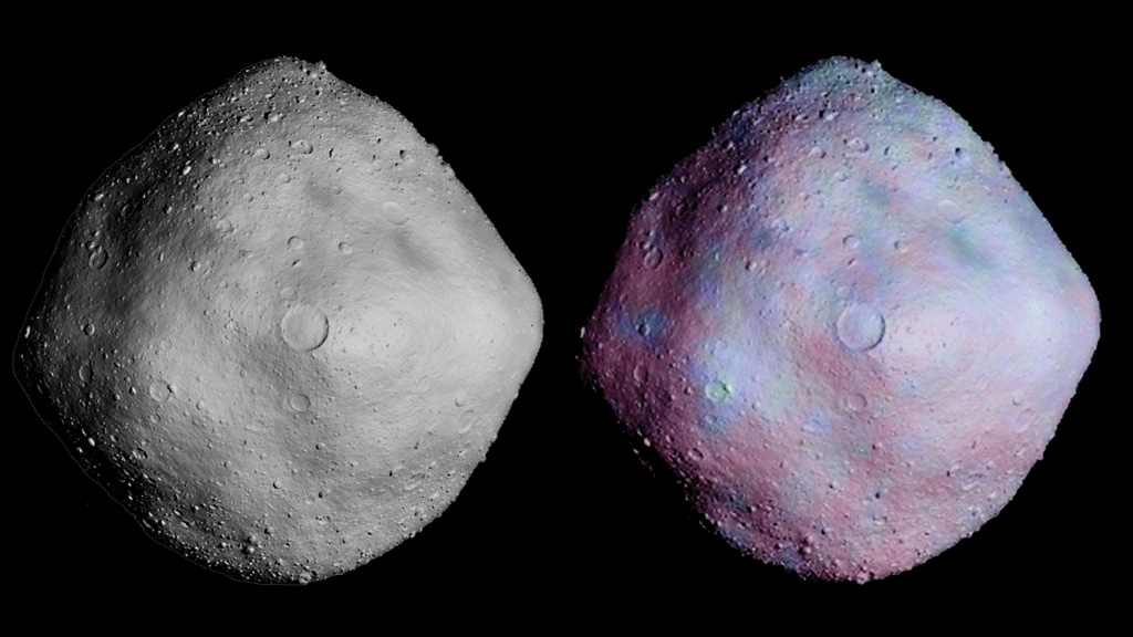 Simulated cratering and topography are overlaid on radar imagery of asteroid 1999 RQ36.