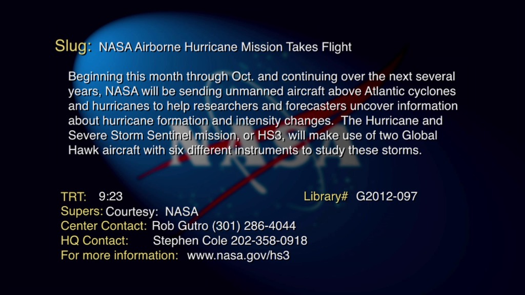 A pre-mission video file looking ahead to NASA's 2012 HS3 campaign, featuring video of the Global Hawk aircraft in flight, instruments being integrated into the aircraft, and an interview with NASA scientist Scott Braun