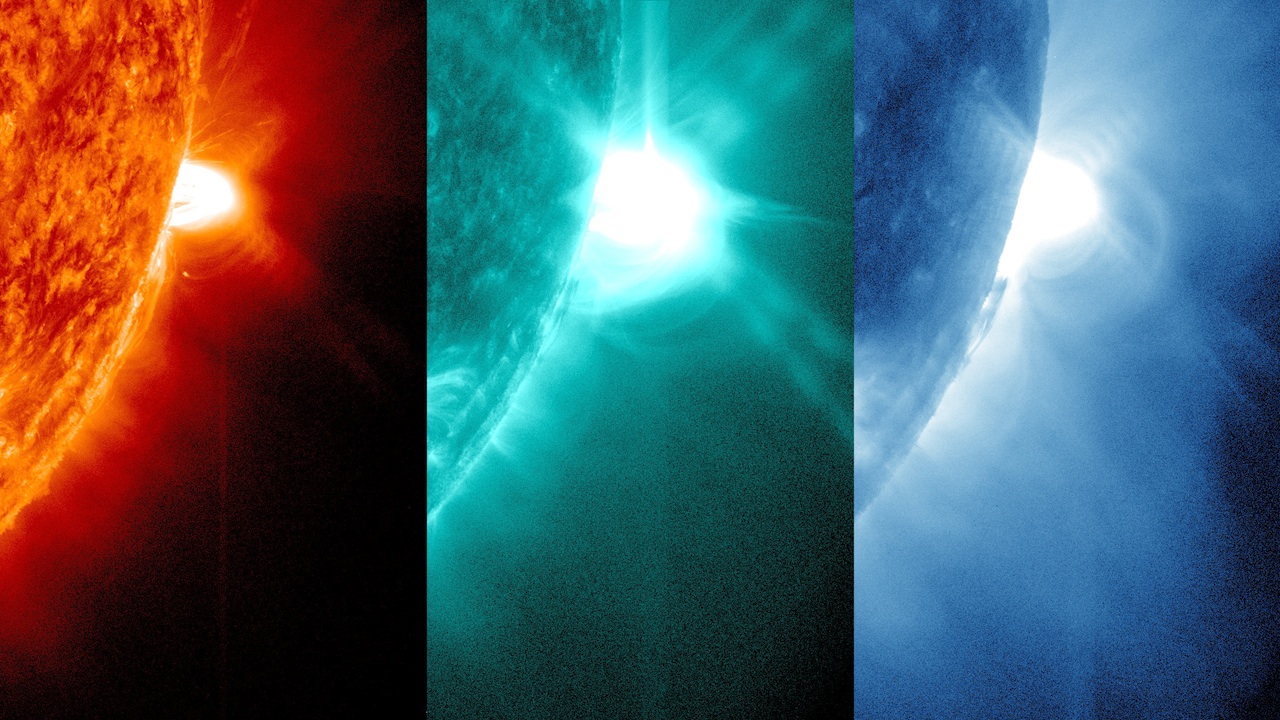 Video showing the flare in 304 and 335 angstrom light.  Still showing the flare in 304, 131 and 335 angstrom light.