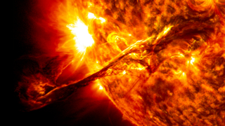 On August 31, 2012 a long filament of solar material that had been hovering in the sun's atmosphere, the corona, erupted out into space at 4:36 p.m. EDT. The coronal mass ejection, or CME, traveled at over 900 miles per second. The CME did not travel directly toward Earth, but did connect with Earth's magnetic environment, or magnetosphere, with a glancing blow. causing aurora to appear on the night of Monday, September 3.