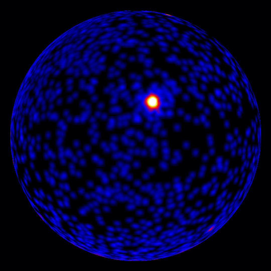 These maps, both centered on the north galactic pole, show how the sky looks at gamma-ray energies above 100 million electron volts (MeV).  The first frame shows the sky during a three-hour interval prior to GRB 130427A. The second frame shows a three-hour interval starting 2.5 hours before the burst, and ending 30 minutes into the event. The Fermi team chose this interval to demonstrate how bright the burst was relative to the rest of the gamma-ray sky. This burst was bright enough that Fermi autonomously left its normal surveying mode to give the LAT instrument a better view, so the three-hour exposure following the burst does not cover the whole sky in the usual way. Credit: NASA/DOE/Fermi LAT Collaboration