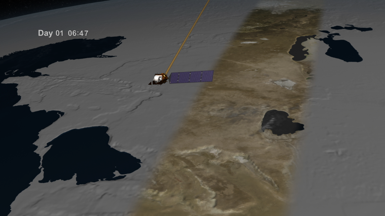 As a Landsat satellite flies over the surface of the Earth the instruments aboard the satellite are able to view a swath 185 kilometers wide and collect images along that swath as the satellite proceeds through its orbit. The spacecraft travels at approximately 4.7 miles per second. The satellite travels from north to south while it's over the sunlit portion of the Earth, and travels south to north over the dark side of the Earth. One orbit takes about 99 minutes, so that's about approximately 15 orbits in a 24 hour period. The orbit's maintained such that after 16 days, the entire surface of the Earth has come within view of the Landsat instruments, while sunlit, and then on day 17 the first ground path is repeated. So we get to view the entire surface once every 16 days.For complete transcript, click here.Watch this video on the NASA Goddard YouTube channel.