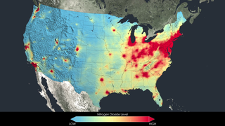 United States
This visualization shows tropospheric column concentrations of nitrogen dioxide across the U.S. as detected by the Ozone Monitoring Instrument on NASA's Aura satellite, averaged yearly from 2005-2011. 
