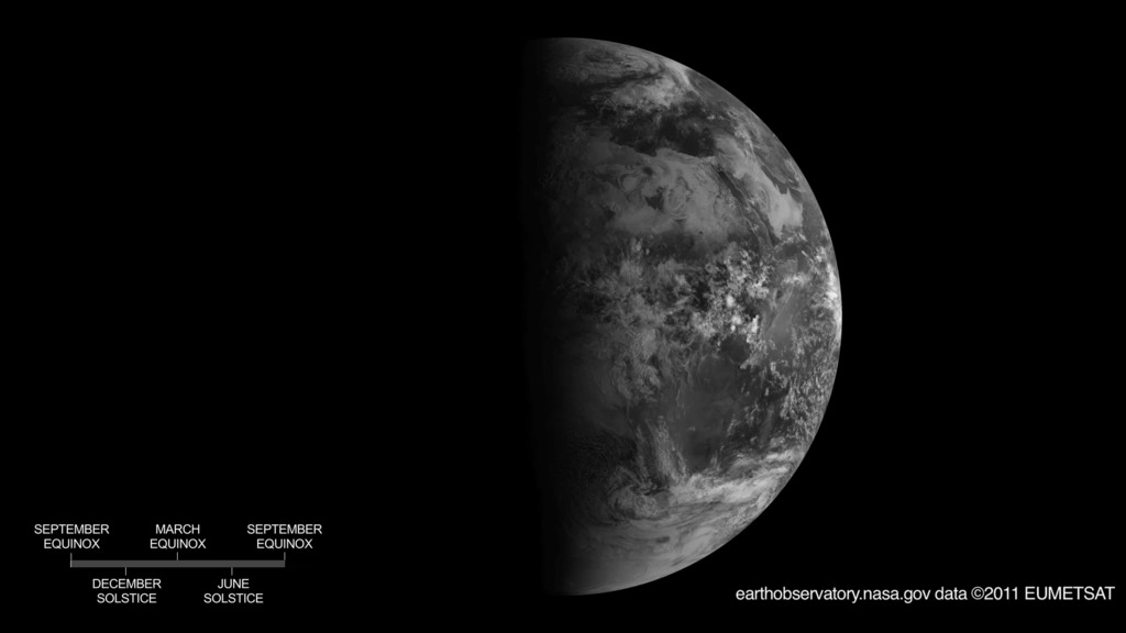 LEAD: The fall or autumnal equinox, officially arrives at 10:29 PM, EDT Monday evening. Equinox means equal night and day.
1. Looking at the Northern Hemisphere, night is on the left and day is on the right. 
2. Advancing to December, night on the left becomes longer and days become shorter.
3. It is the relative tilt of Earth, as it goes around the sun, that causes our seasons.
4. Fewer hours of sunshine result in our colder winter temperatures.
TAG: By December 21 Earth’s North Pole will be tilted 23.5 degrees away from the sun which decreases temperatures. When the Northern Hemisphere is tilted towards the sun temperatures can double.
NOTEThis video is also playable via NASAviz (iPad App): “Follow the Line” Oct 31, 2013.

