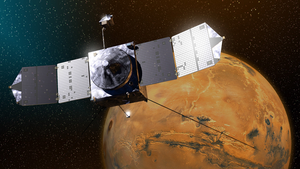 NASA’s MAVEN spacecraft has entered orbit around Mars and is observing the planet's thin upper atmosphere.