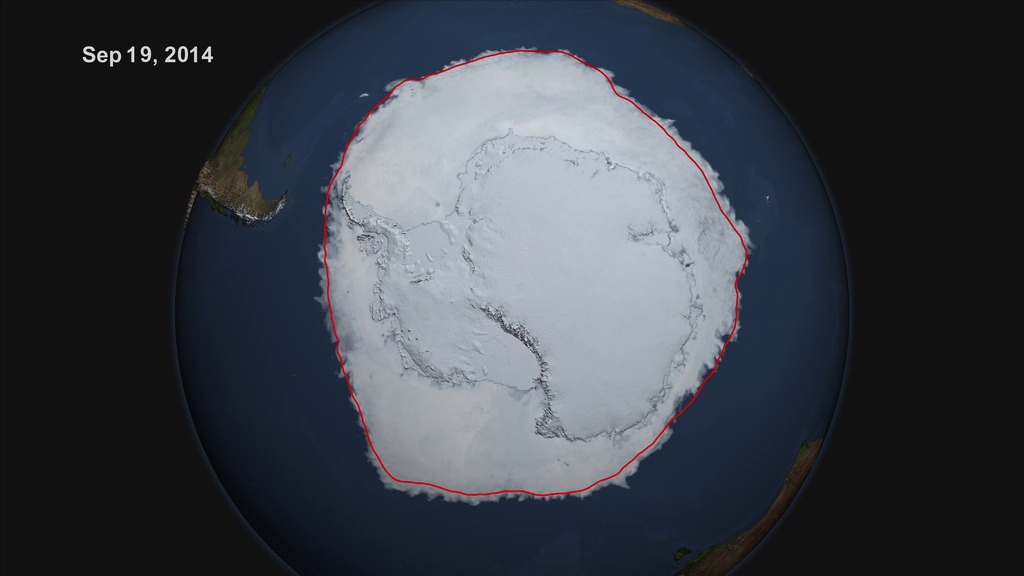 LEAD: Antarctic sea ice grows to new record. 
1. The donut of floating sea ice surrounding Antarctica froze to a new record of nearly 7.8 million  square miles. 
2. Scientists suspect changing global winds around Antarctica and the ozone hole are the primary causes.
3. Most of this southern sea ice melts each summer.
TAG: Since 1980, the Antarctic has gained about 7 thousand square miles of ice each winter,   while  the Arctic has lost nearly 3 times that amount.


