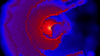 Density simulation. This movie shows a wide view of the system looking down on the orbital plane of the two stars, which are located at the center. The view spans 3,200  times the average distance between Earth and the sun, or 298 billion miles (478 billion kilometers). Lighter colors indicate greater densities, with the highest densities occurring near the primary and in the wind interaction region. The faster wind of the smaller star carves a spiral cavity into the dense wind of the primary star, and this structure expands outward with the primary wind at about 1 million mph (1.6 million km/h.