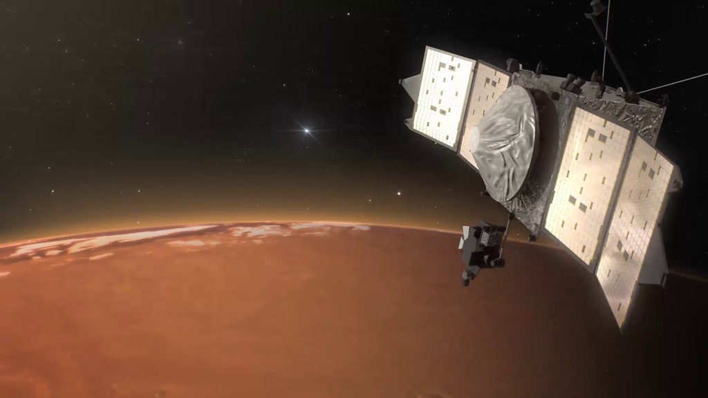 LEAD: September 21st, 2015, marks the one-year anniversary of NASA's MAVEN spacecraft circling Mars. 
 
1. MAVEN's goal is to determine how Mars lost its thick early atmosphere, and with it, its once hospitable climate.
 
2. The spacecraft's Imaging Ultraviolet Spectrograph measures how the light from background stars dims as the starlight passes through different layers of the Martian atmosphere. This tells scientists about the atmosphere’s chemical makeup and its structure.
 
3. The vertical distributions of oxygen, hydrogen, and carbon dioxide are important clues to Mars’ climate history. 

TAG: MAVEN is the first spacecraft specifically designed to study the upper atmosphere of Mars.
