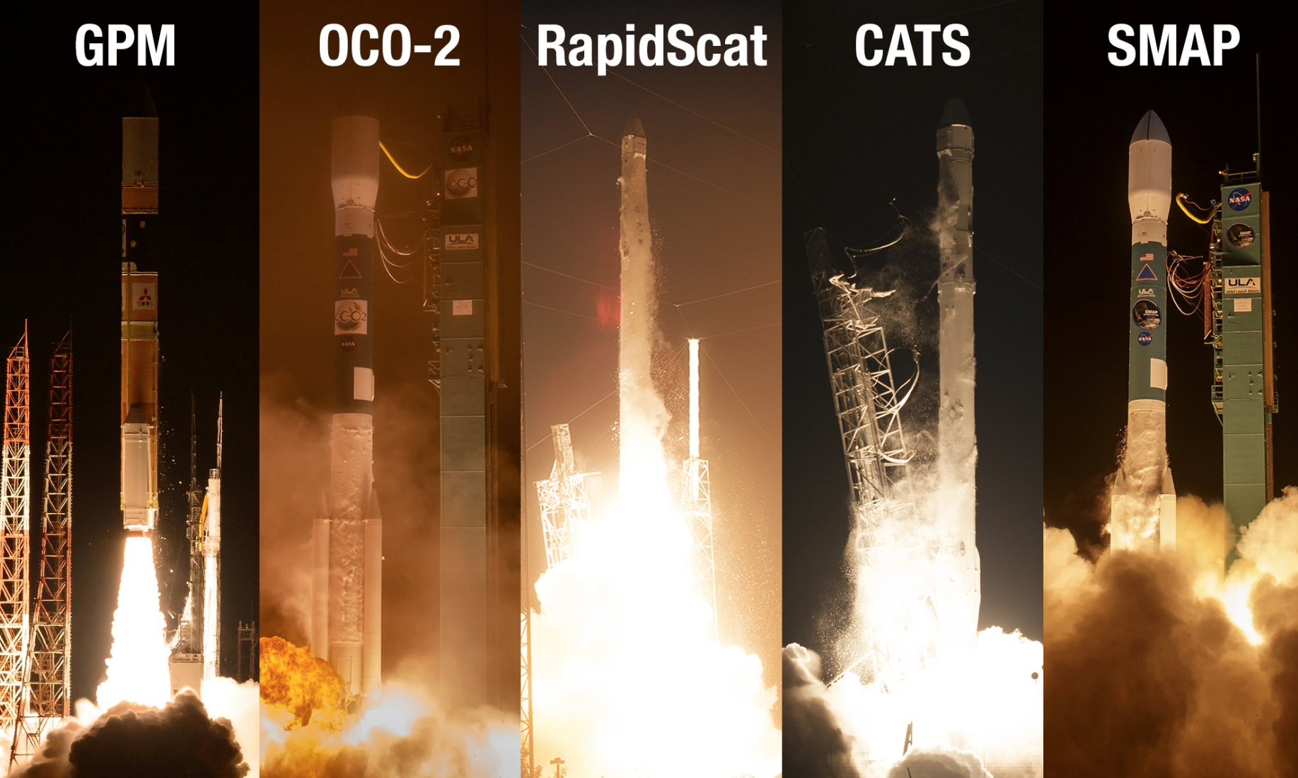 FIGURE 1 (Luce) -- Over the past 12 months NASA has added five missions to its orbiting Earth-observing fleet – the biggest one-year increase in more than a decade. The Global Precipitation Measurement (GPM) Core Observatory was launched from Japan on Feb. 27, 2014. The most recent mission, the Soil Moisture Active Passive (SMAP), was launched from California on Jan. 31. Two missions are collecting NASA’s first ongoing Earth observations from the International Space Station. Image Credit: NASA