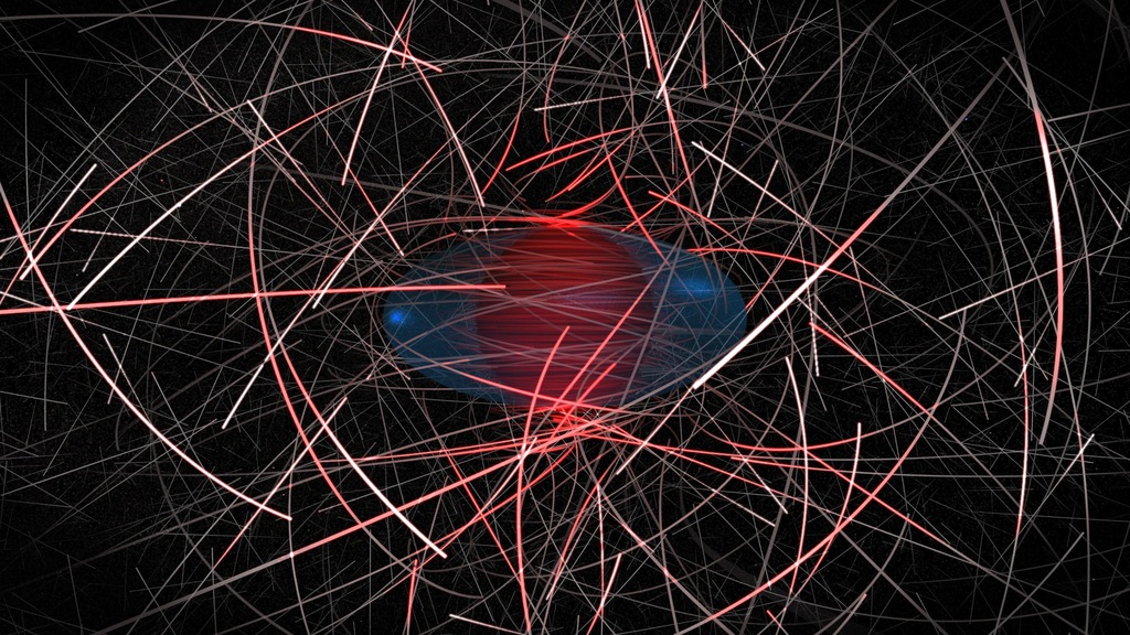 A new computer simulation tracking dark matter particles in the extreme gravity of a black hole shows that strong, potentially observable gamma-ray light can be produced. Detecting this emission would provide astronomers with a new tool for understanding both black holes and the nature of dark matter, an elusive substance accounting for most of the mass of the universe that neither reflects, absorbs nor emits light. 

Jeremy Schnittman, an astrophysicist at NASA's Goddard Space Flight Center, developed a computer simulation to follow the orbits of hundreds of millions of dark matter particles, as well as the gamma rays produced when they collide, in the vicinity of a black hole. He found that some gamma rays escaped with energies far exceeding what had been previously regarded as theoretical limits. 

In the simulation, dark matter takes the form of Weakly Interacting Massive Particles, or WIMPS, now widely regarded as the leading candidate class. In this model, WIMPs that crash into other WIMPs mutually annihilate and convert into gamma rays, the most energetic form of light. But these collisions are extremely rare under normal circumstances. 

Over the past few years, theorists have turned to black holes as dark matter concentrators, where WIMPs can be forced together in a way that increases both the rate and energies of collisions. The concept is a variant of the Penrose process, first identified in 1969 by British astrophysicist Sir Roger Penrose as a mechanism for extracting energy from a spinning black hole. The faster it spins, the greater the potential energy gain.

In this process, all of the action takes place outside the black hole's event horizon, the boundary beyond which nothing can escape, in a flattened region called the ergosphere. Within the ergosphere, the black hole's rotation drags space-time along with it and everything is forced to move in the same direction at nearly speed of light. This creates a natural laboratory more extreme than any possible on Earth. 

Previous work indicated that the maximum gamma-ray energy from the collisional version of the Penrose process was only about 1.3 times the rest mass of the annihilating particles. In addition, only a small portion of high-energy gamma rays managed to escape the ergosphere. These results suggested that a conclusive annihilation signal might never be seen from a supermassive black hole. 

However, earlier work made simplifying assumptions about the locations of the highest-energy collisions. Schnittman's model instead tracks the positions and properties of hundreds of millions of randomly distributed particles as they collide and annihilate near a black hole. The new model reveals processes that produce gamma rays with much higher energies, as well as a better likelihood of escape and detection, than ever thought possible. He identified previously unrecognized trajectories where collisions produce gamma rays with a peak energy 14 times the rest mass of the annihilating particles. 

The simulation tells astronomers that there is an astrophysically interesting signal they may be able to detect as gamma-ray telescopes improve.