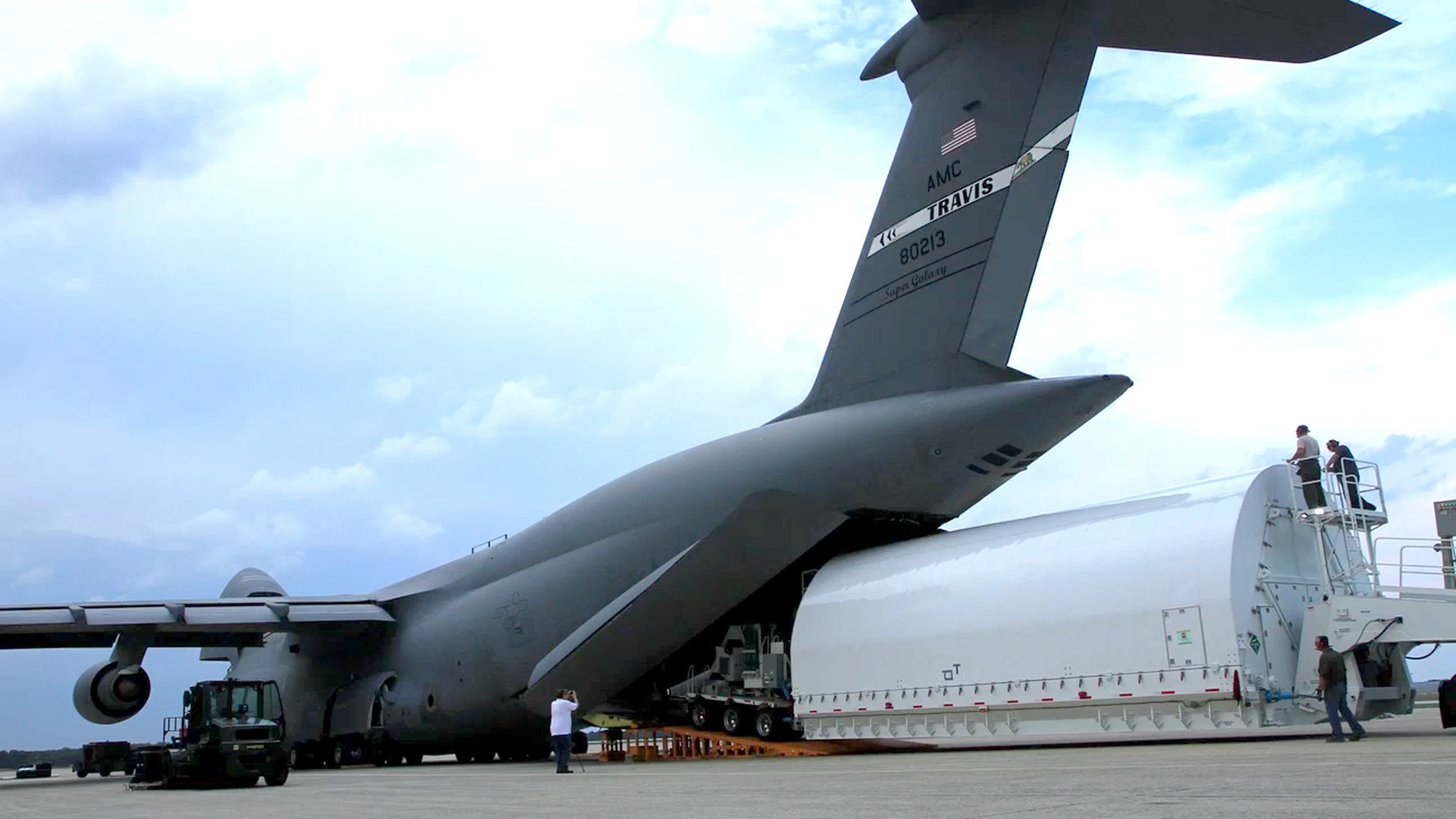 Produced video showing the arrival of the Webb Telescope Backplane at Joint Base Andrews and it's transport to NASA Goddard Space Flight Center