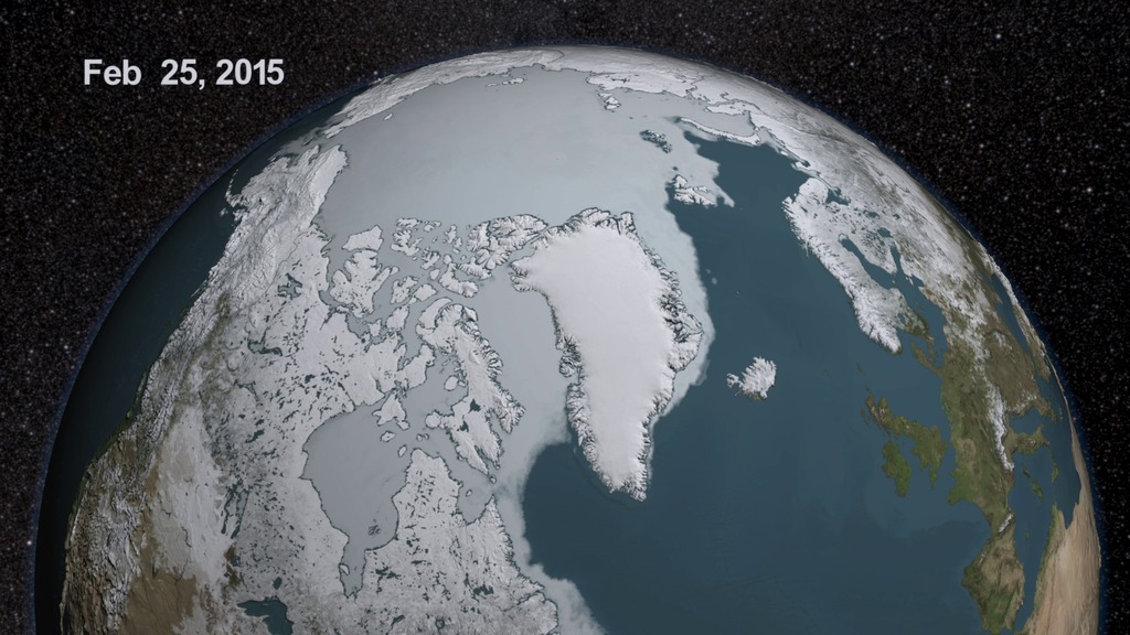 In this animation, the Earth rotates slowly as the Arctic sea ice advances over time from February 25, 2015 to September 11, 2015.