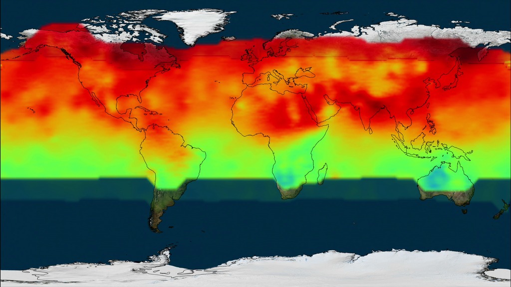 LEAD: NASA's first satellite to measure carbon dioxide in the earth's atmosphere is yielding a new global view of our breathing planet. 
1: CO2 levels in the atmosphere decrease (shown from red to blue) during the summer growing season as plants take in carbon dioxide from the atmosphere through photosynthesis. 
2: Satellite measured plant life during the growing season. As the 'greening' moves northward the CO2 levels drop from red to blue.
3. In the fall and winter CO2 levels go back up as plants stop growing and stop absorbing CO2 from the atmosphere. 
