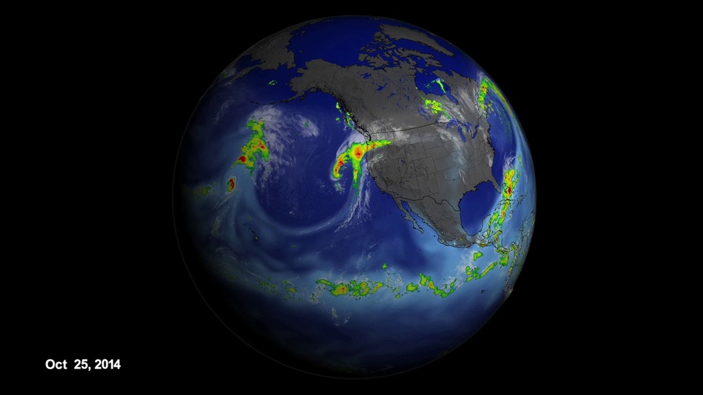 LEAD: NASA is ready to track atmospheric rivers during this winter's El Niño.
1. Atmospheric rivers are short-lived, narrow streams of wind that carry water vapor from the tropical oceans to mid-latitude land areas.
2. Shown here is an atmospheric river traveling across the Pacific between October 25 and November 2, 2014. (White colors are clouds, light blues water vapor, and green to red precipitation.)

TAG: Atmospheric rivers tend to intensify during El Niño events, and this year's strong El Niño is likely to bring more precipitation to California and some relief for the drought. 
