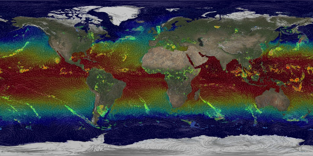 This visualization combines MUR Sea Surface Temperature (SST) data with GPM's IMERG precipitation data and MERRA winds. Note, the time period within each dataset does not match.