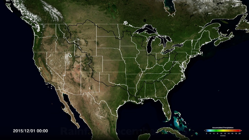 LEAD: NASA's Global Precipitation Measurement mission helped forecasters track the heavy 20-inch flood-producing rainfalls of December 2015. 

1. The animation shows the accumulation of rainfall from December's three major storm systems that took place on December 1st through 3rd, the 13th through 16th, and 21st through 31st.
2. Red colors indicate accumulate rainfall of 20 inches, yellow 10-12 inches, green 6-10. And shades of blue 2-6 inches. The extent of the area that drains into the Mississippi River is outlined in black.

3. Extensive flooding took place in Missouri, Illinois, Oklahoma, Arkansas and Mississippi. 

TAG: Alabama and Georgia were hardest hit by rainstorms that arrived Christmas week, which led to massive flooding and declarations of a state of emergency in Alabama and northern Georgia.
