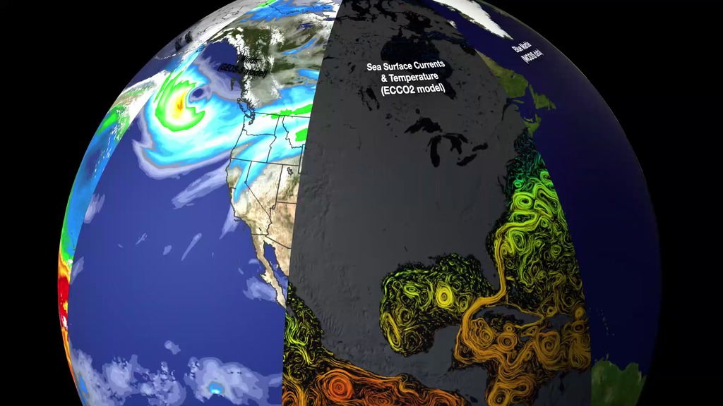 LEAD: A new NASA visualization reveals that the Earth system, like the human body, comprises diverse components that interact in complex ways. 
1. Heat absorbed by the ocean is transported by ocean currents.
2. This energy is released into Earth’s atmosphere. 
3. Heat and moisture influence weather patterns with clouds and precipitation.
TAG: Improved observational and computational capabilities increasingly allow scientists to study the numerous interactions and gain unprecedented insight into how the Earth system works—and how it might change in the future.
