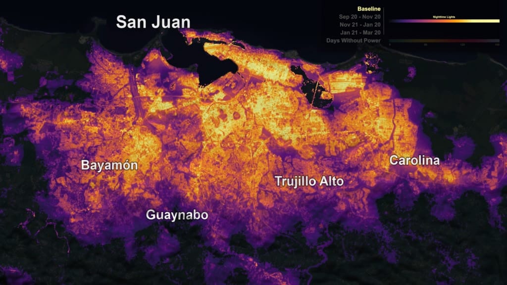 Watch Puerto Rico's lights before and in the months after Hurricane Maria as electricity is slowly restored.