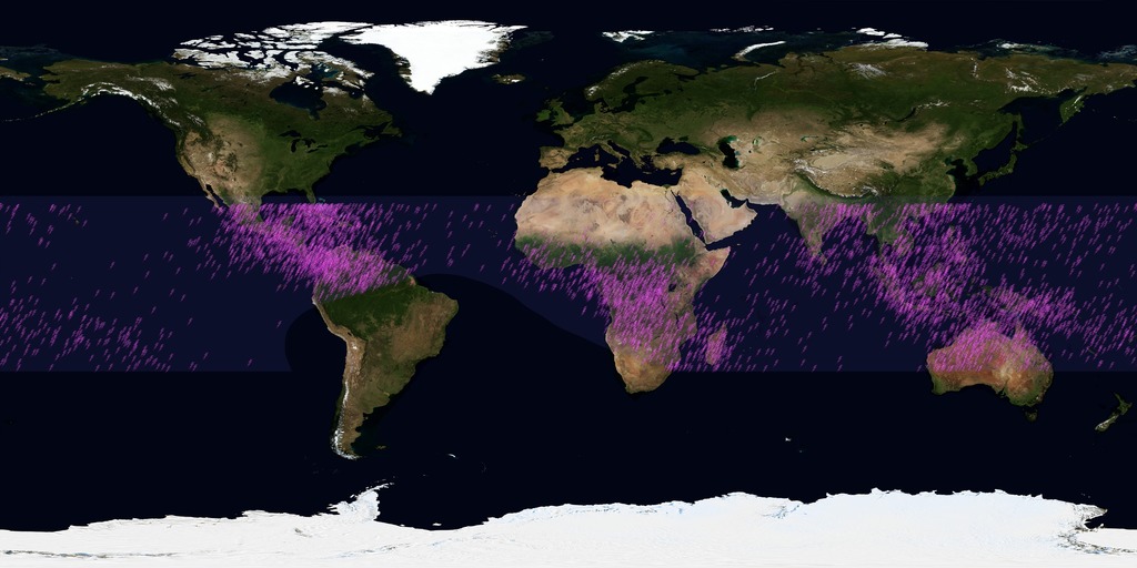 Visualization of ten years of Fermi observations of Terrestrial Gamma-ray Flashes (TGFs).  This version is optimized for display on normal screens, has labels, and dates for each data pass.