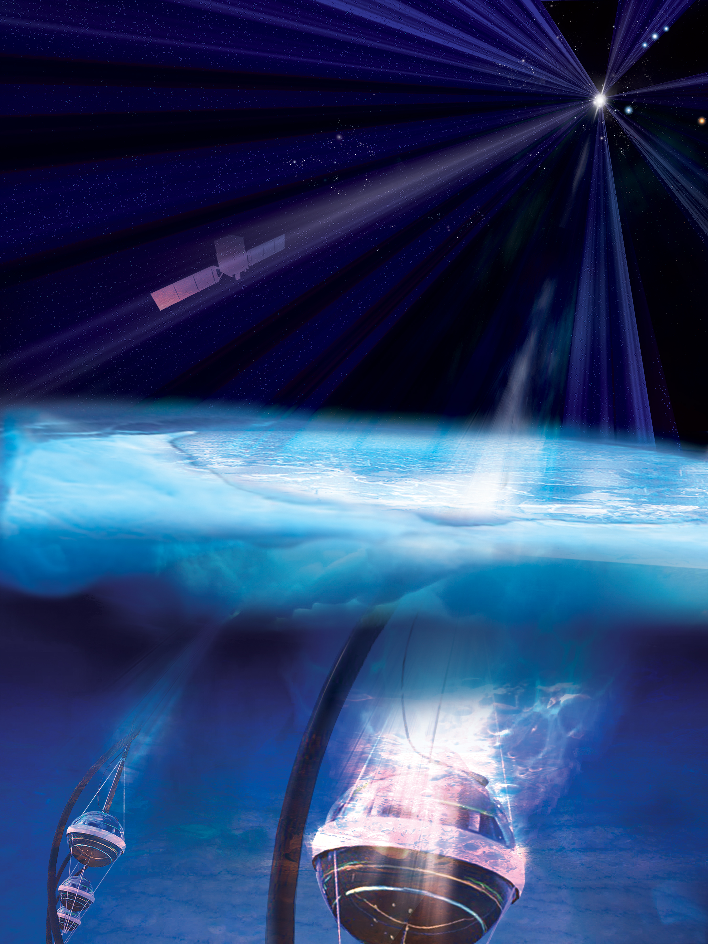 On Sept. 22, 2017, the IceCube Neutrino Observatory at the South Pole, represented in this illustration by strings of sensors under the ice, detected a high-energy neutrino that appeared to come from deep space. NASA's Fermi Gamma-ray Space Telescope (top left) pinpointed the source as a supermassive black hole in a galaxy located about 4 billion light-years away. It is the first source of a high-energy neutrino from outside our galaxy ever identified. Credit: NASA/Fermi and Aurore Simonnet, Sonoma State University