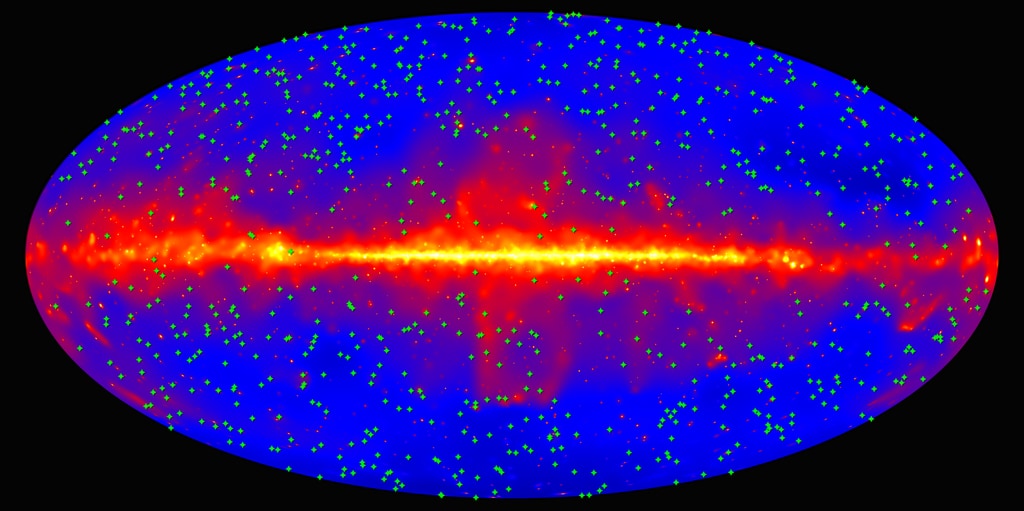 Scientists using data from NASA’s Fermi Gamma-ray Space Telescope have measured all the starlight produced over 90 percent of the universe’s history. The analysis, which examines the gamma-ray output of distant galaxies, estimates the formation rate of stars and provides a reference for future missions that will explore the still-murky early days of stellar evolution. 

One of the main goals of the Fermi mission is to assess the extragalactic background light (EBL), a cosmic fog composed of all the ultraviolet, visible and infrared light stars have created over the universe’s history. Because starlight continues to travel across the cosmos long after its sources have burned out, measuring the EBL allows astronomers to study stellar formation and evolution separately from the stars themselves.
 
The collision between a high-energy gamma ray and infrared light transforms the energy into a pair of particles, an electron and its antimatter counterpart, a positron. The same process occurs when medium-energy gamma rays interact with visible light, and low-energy gamma rays interact with ultraviolet light. Enough of these interactions occur over cosmic distances that the farther back scientists look, the more evident their effects become on gamma-ray sources, enabling a deep probe of the universe’s stellar content.

The scientists examined gamma-ray signals from 739 blazars — galaxies with monster black holes at their centers — collected over nine years by Fermi’s Large Area Telescope (LAT). The measurement quintuples the number of blazars used in an earlier Fermi EBL analysis published in 2012 and includes new calculations of how the EBL builds over time, revealing the peak of star formation around 10 billion years ago.