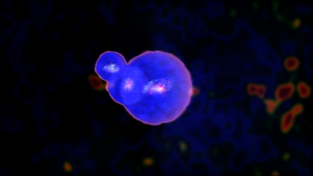 This illustration of the EGS77 galaxy group shows the galaxies surrounded by overlapping bubbles of hydrogen ionized by ultraviolet light from their stars. By transforming light-quenching hydrogen atoms to ionized gas, UV starlight is thought to have formed such bubbles throughout the early universe, gradually transitioning it from opaque to completely transparent. Credit: NASA's Goddard Space Flight Center